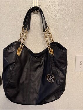 Michael Kors Black Leather Shoulder Bag with Gold Chain Straps